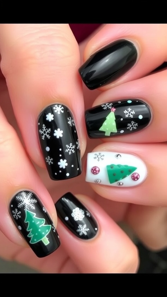 Close-up of stylish short black Christmas nails with festive designs.